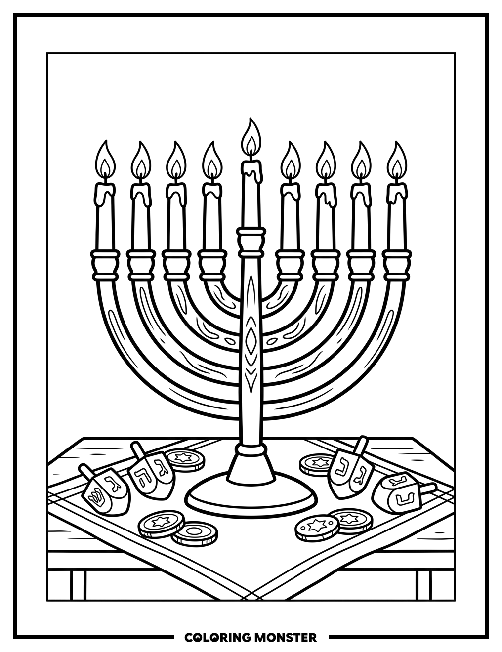 Menorah with Candles and Dreidels Coloring Page