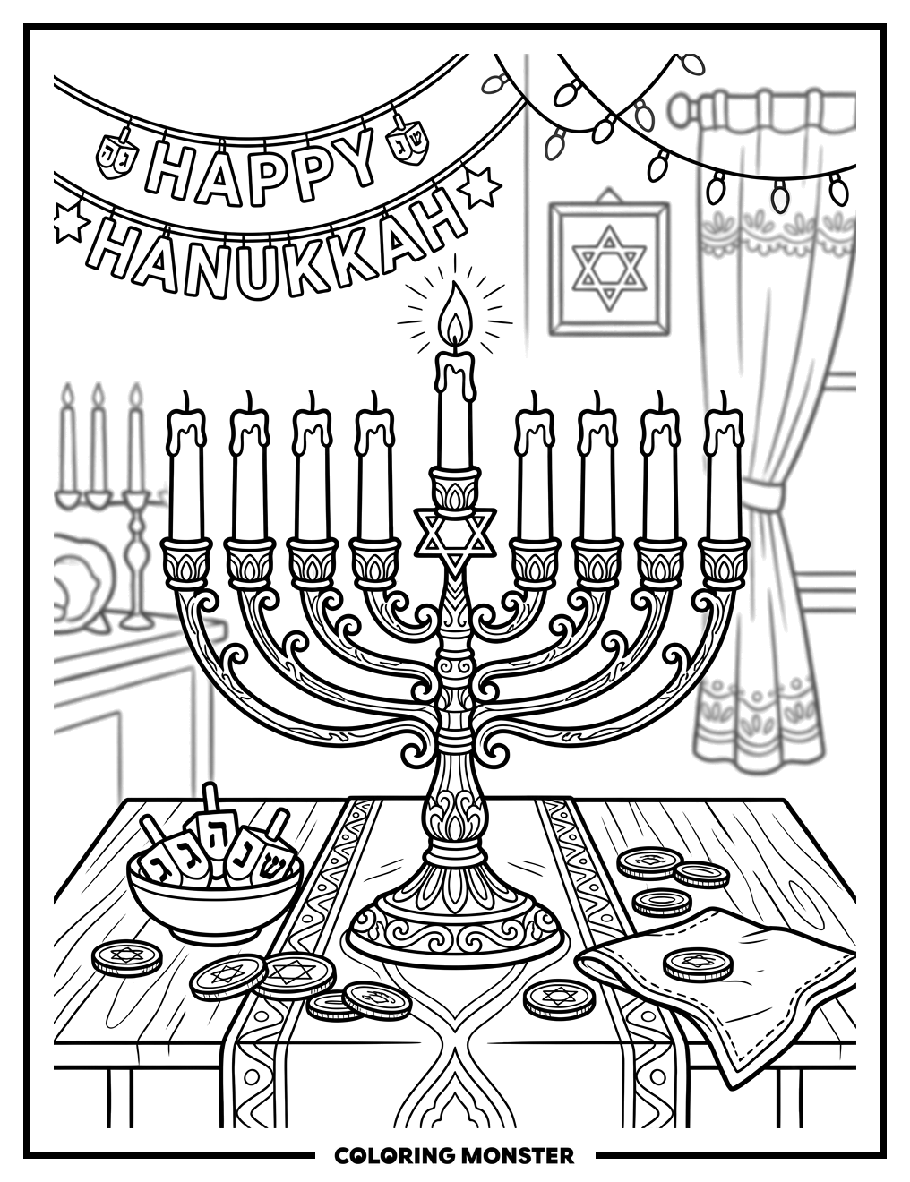 Menorah With One Candle Lit Coloring Page