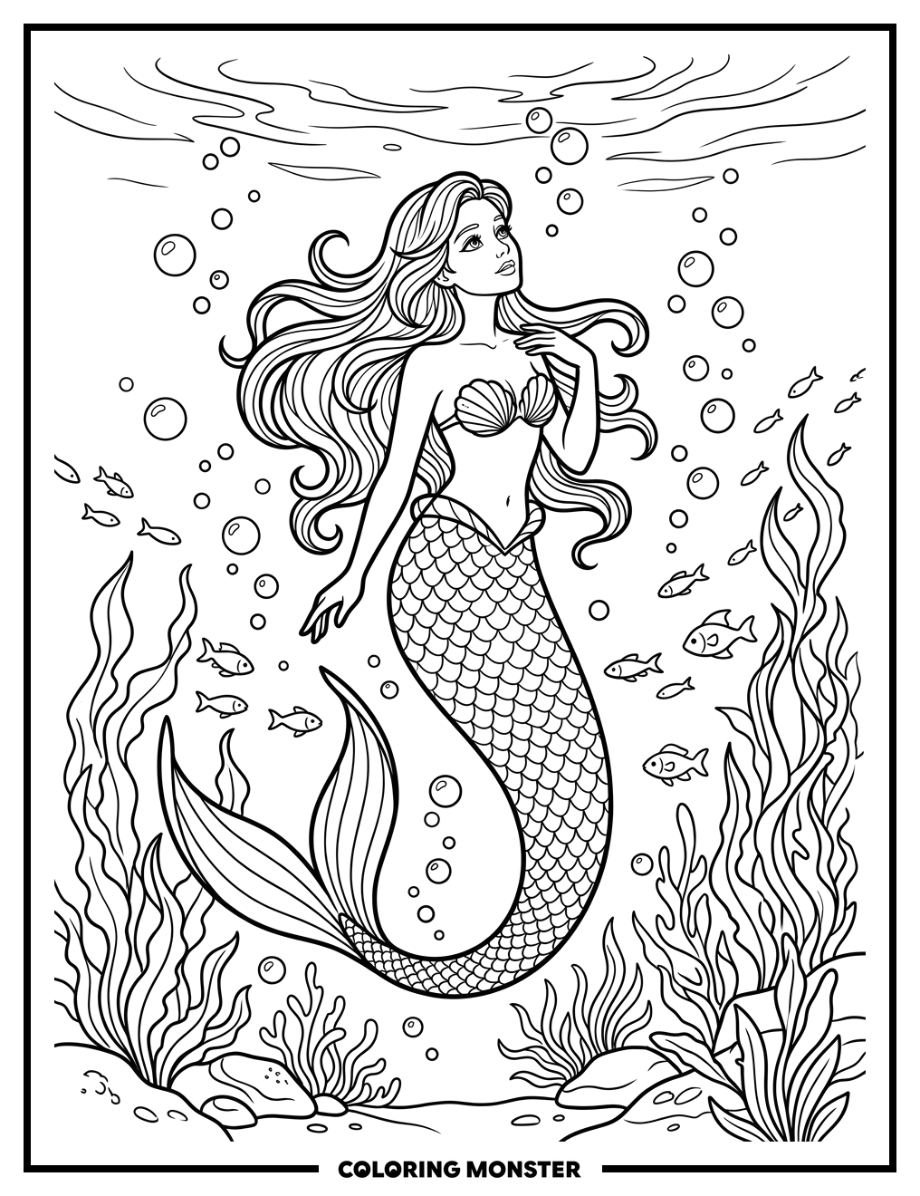 Mermaid Among Bubbles Coloring Page