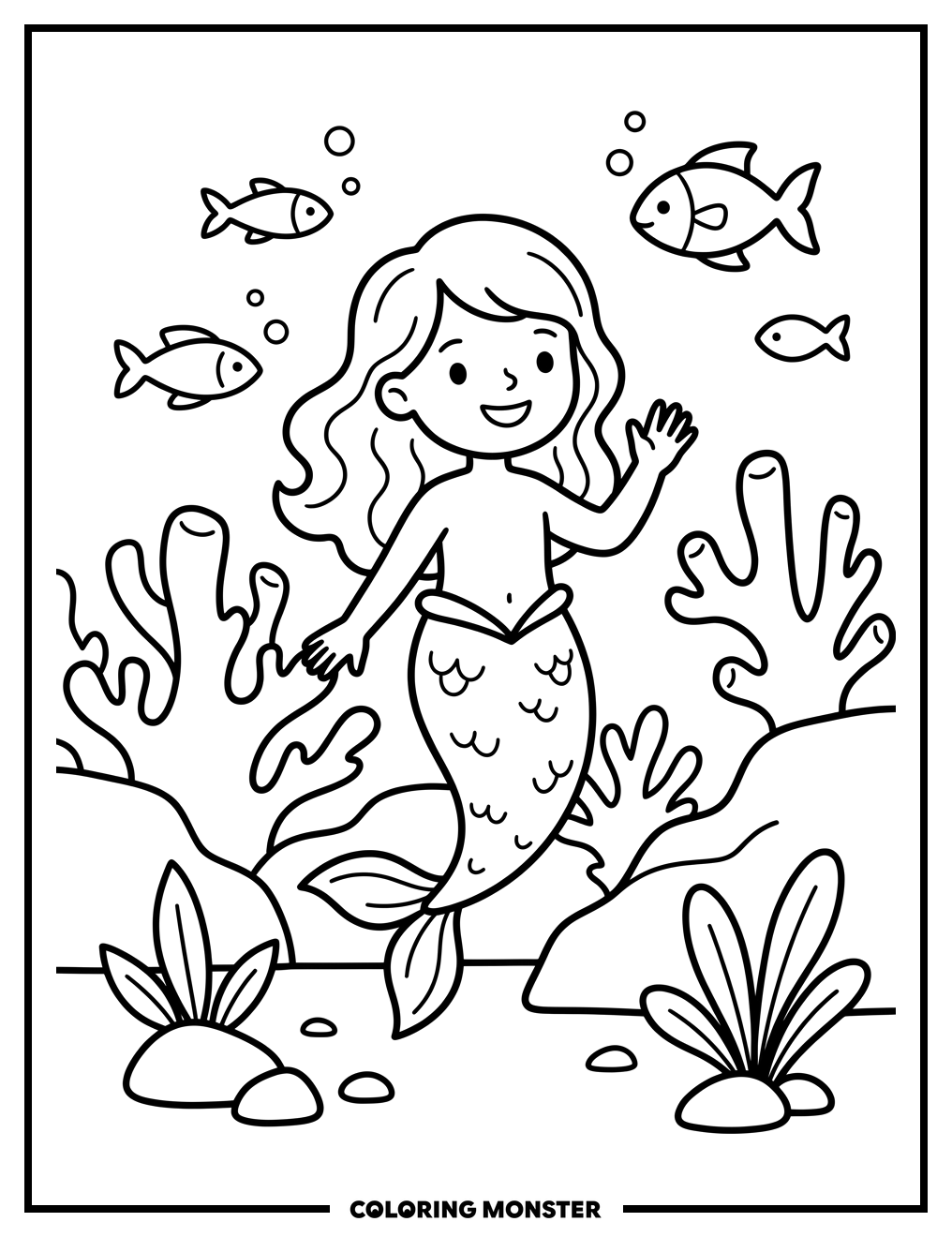 Mermaid Among Coral Reefs Coloring Page