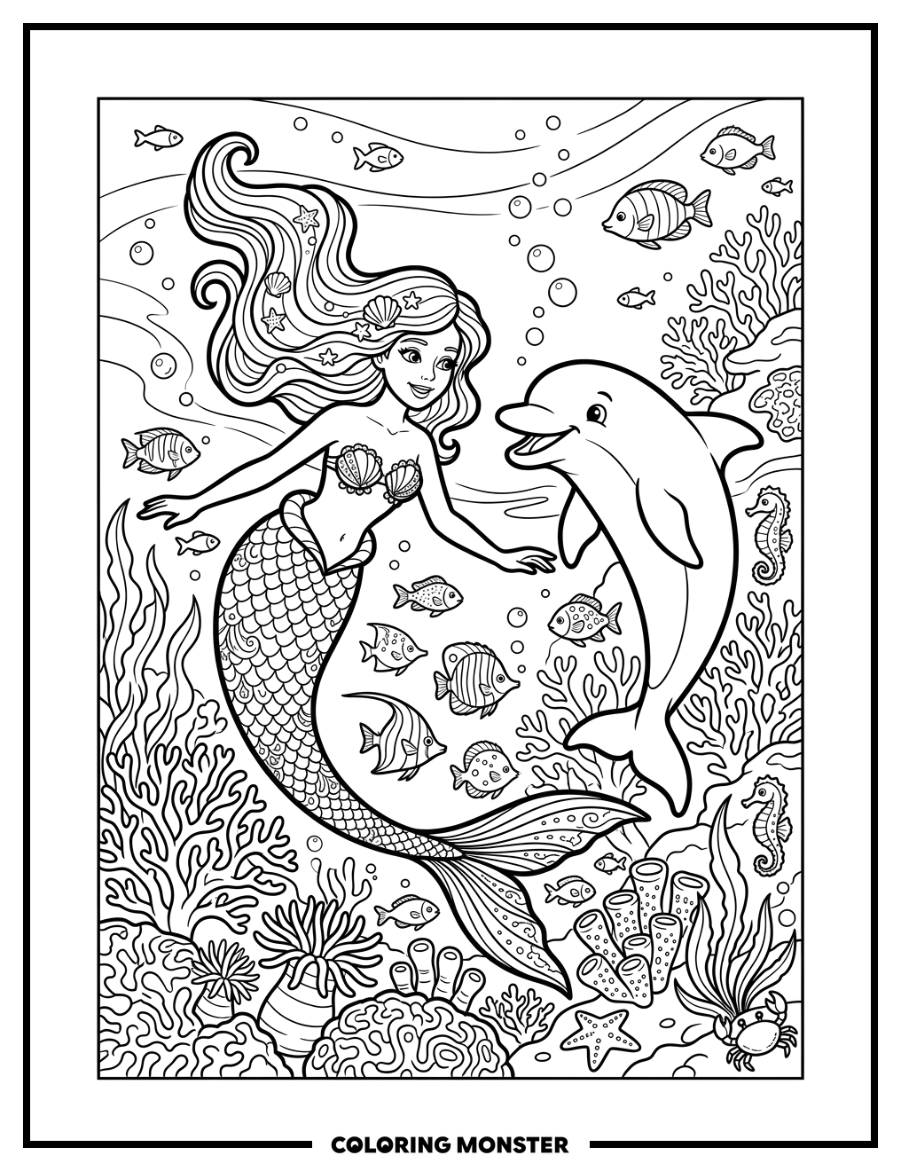 Mermaid and Dolphin Swim Together Coloring Page