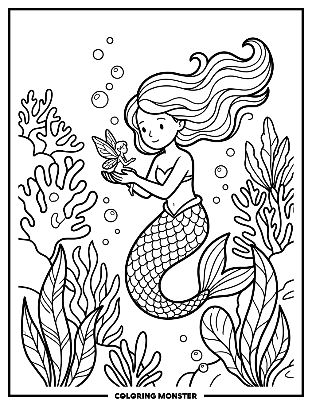 Mermaid and Fairy Underwater Coloring Page