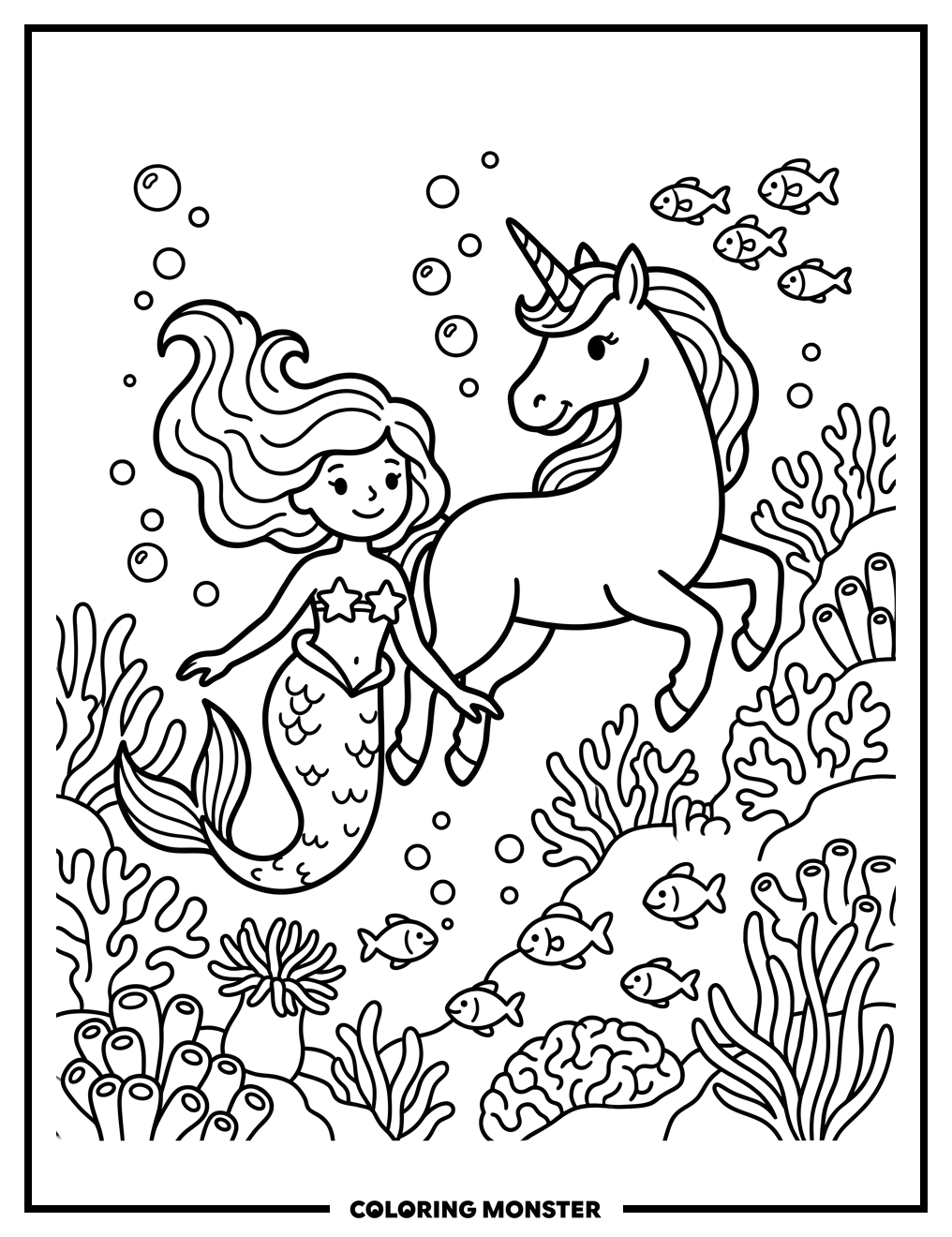 Mermaid and Unicorn in Coral Reef Coloring Page