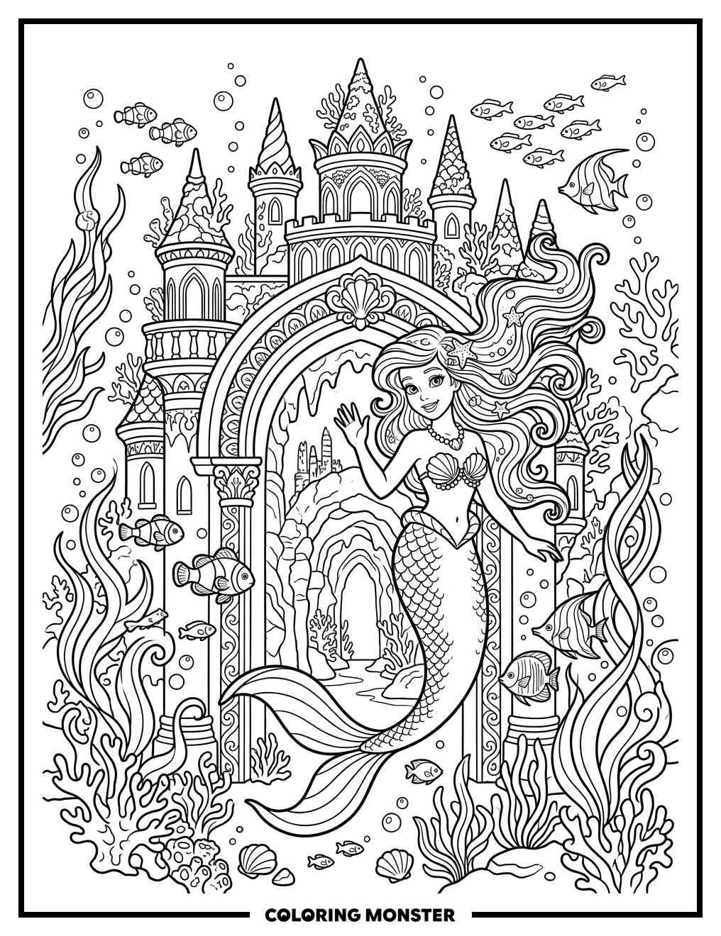Mermaid at Underwater Castle Entrance Coloring Page