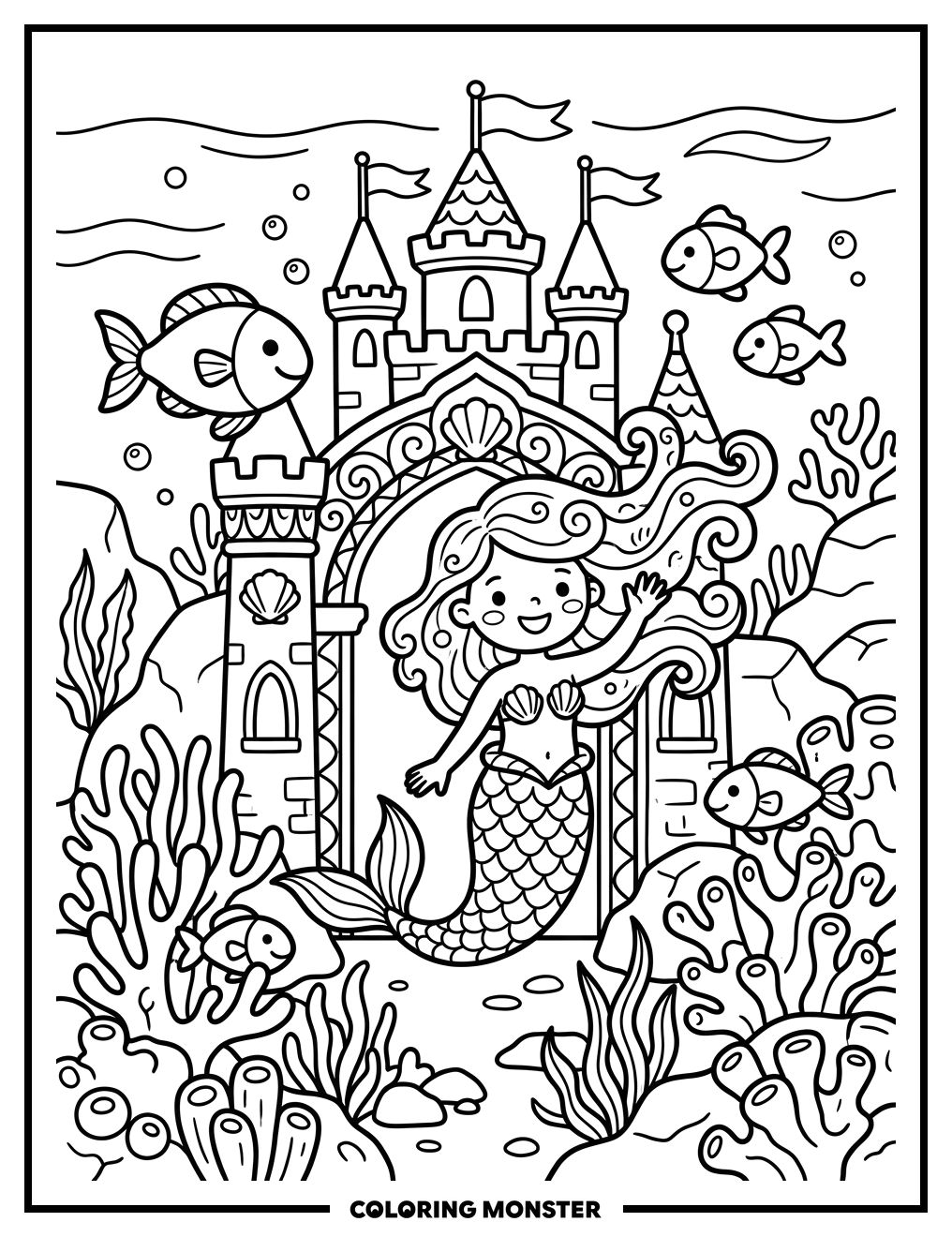 Mermaid at Underwater Castle Coloring Page