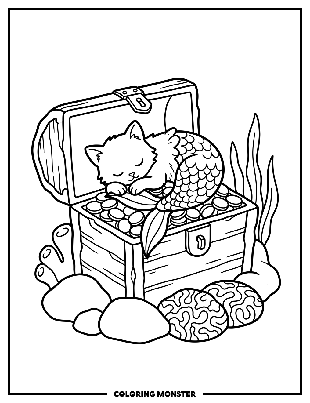 Mermaid Cat Sleeping On Treasure Chest Coloring Page