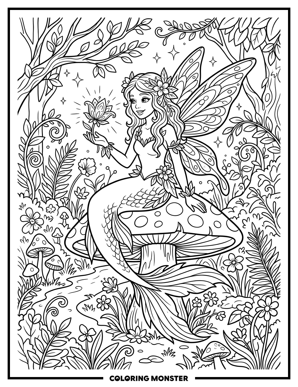 Mermaid Fairy on Mushroom Coloring Page