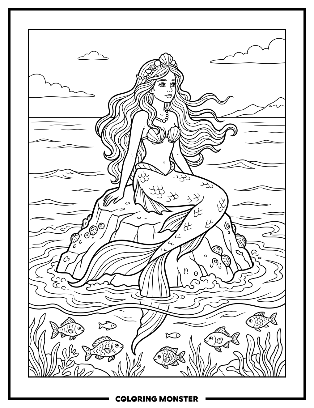 Mermaid on a Rock Coloring Page