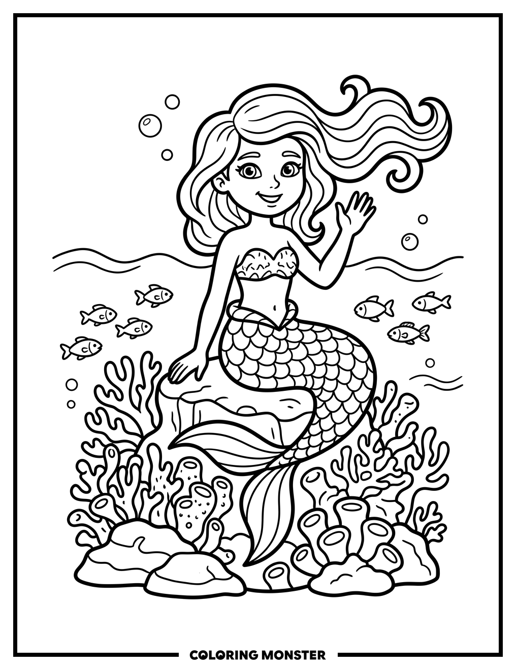 Mermaid On Coral Reef Coloring Page