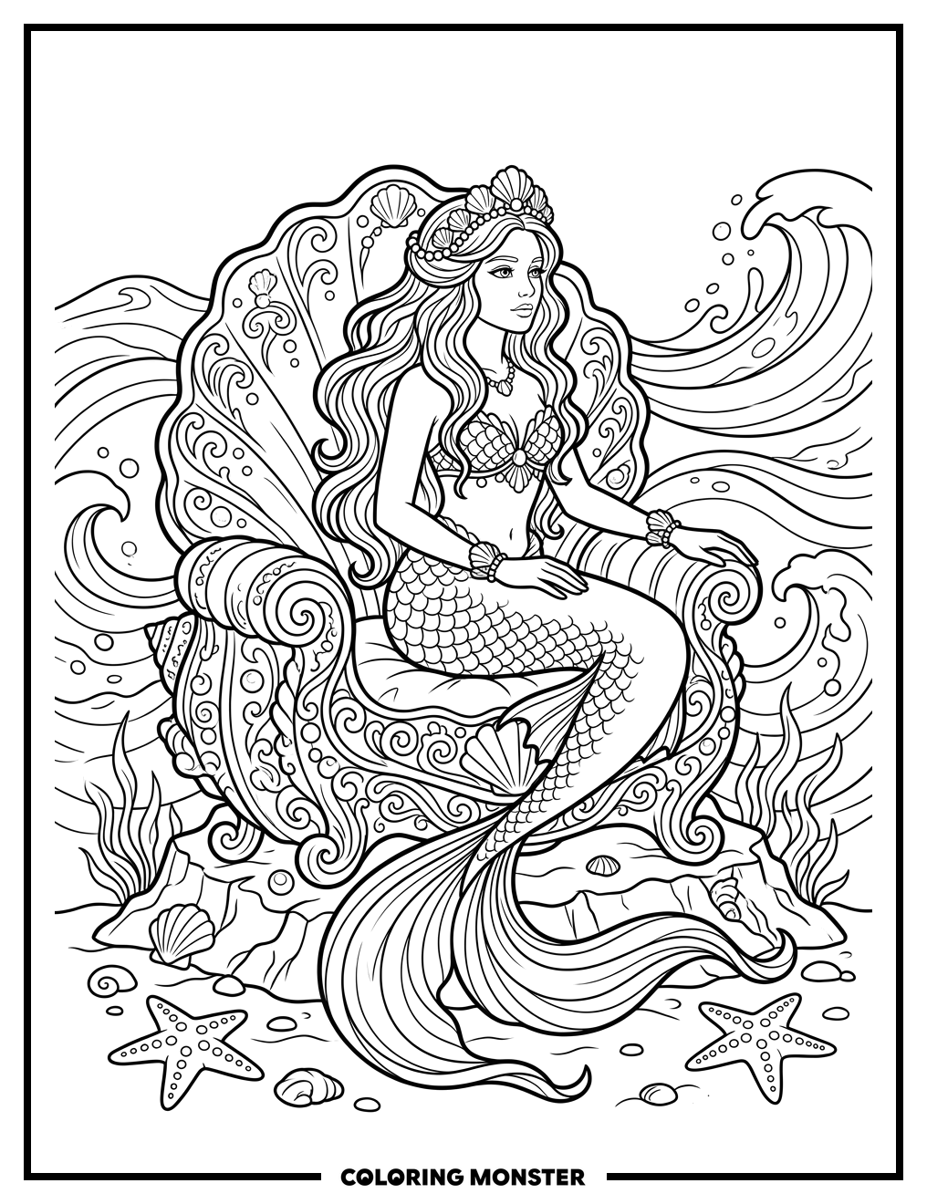 Mermaid on Ornate Seashell Throne Coloring Page