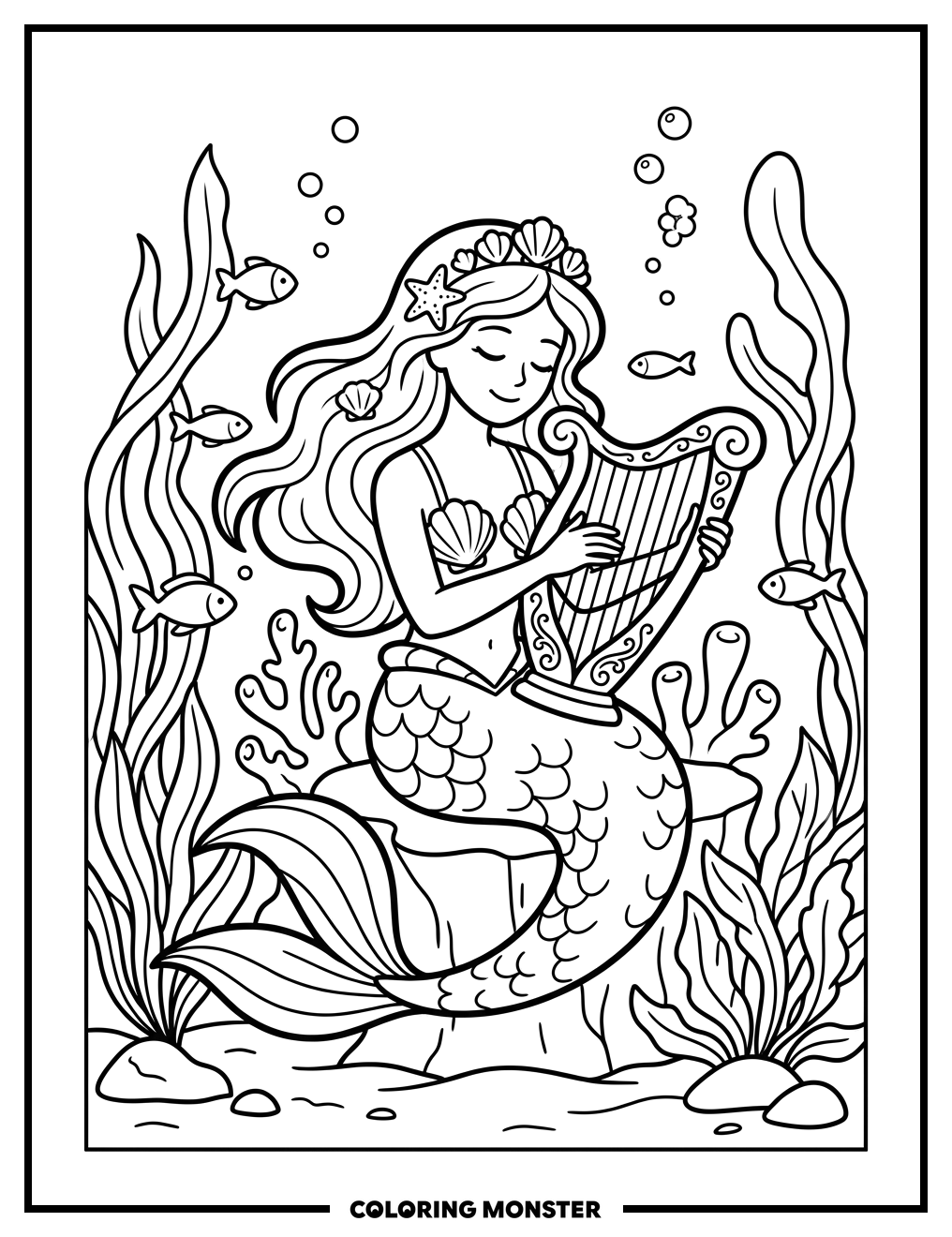 Mermaid Playing Harp Underwater Coloring Page
