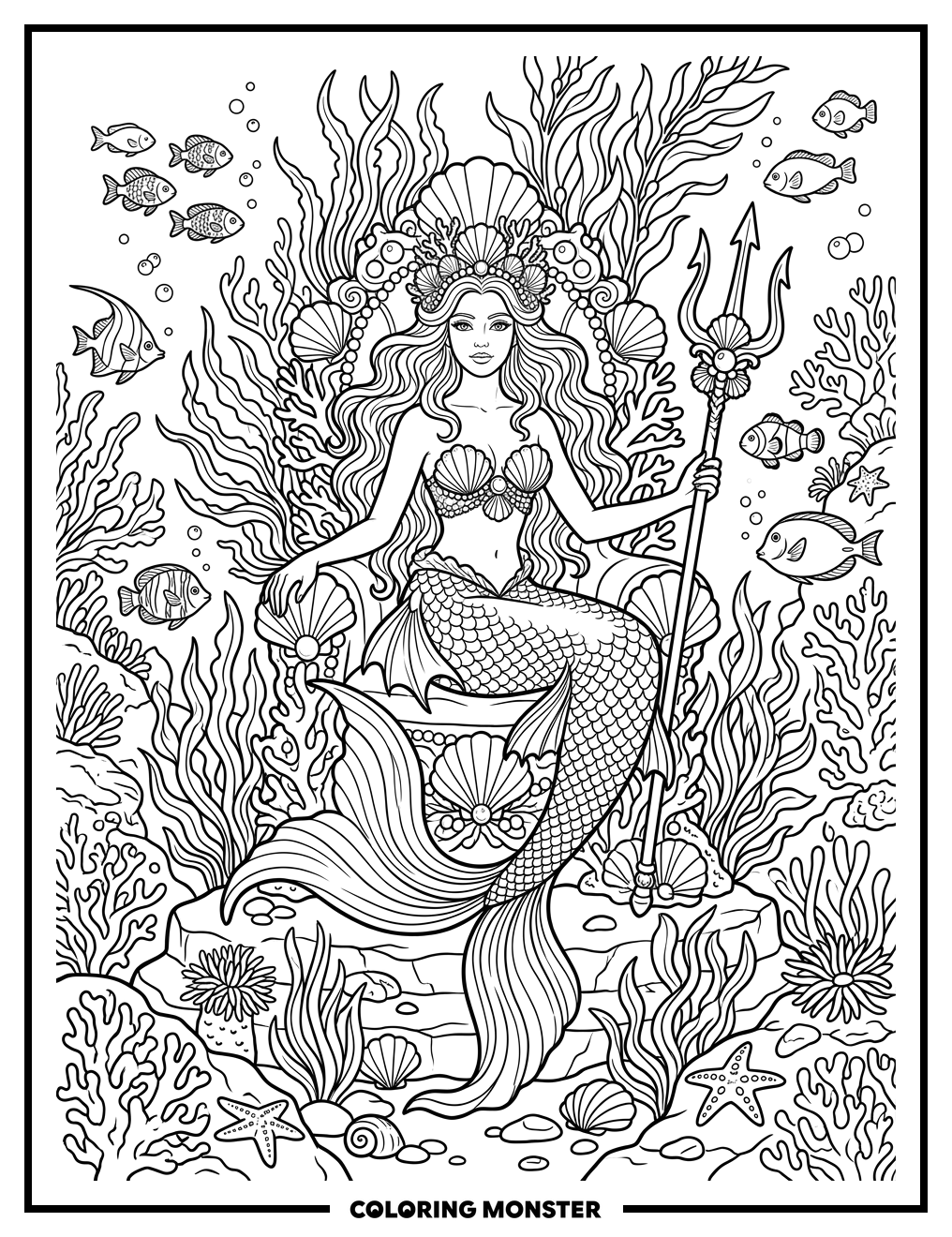 Mermaid Queen on Ornate Throne Coloring Page