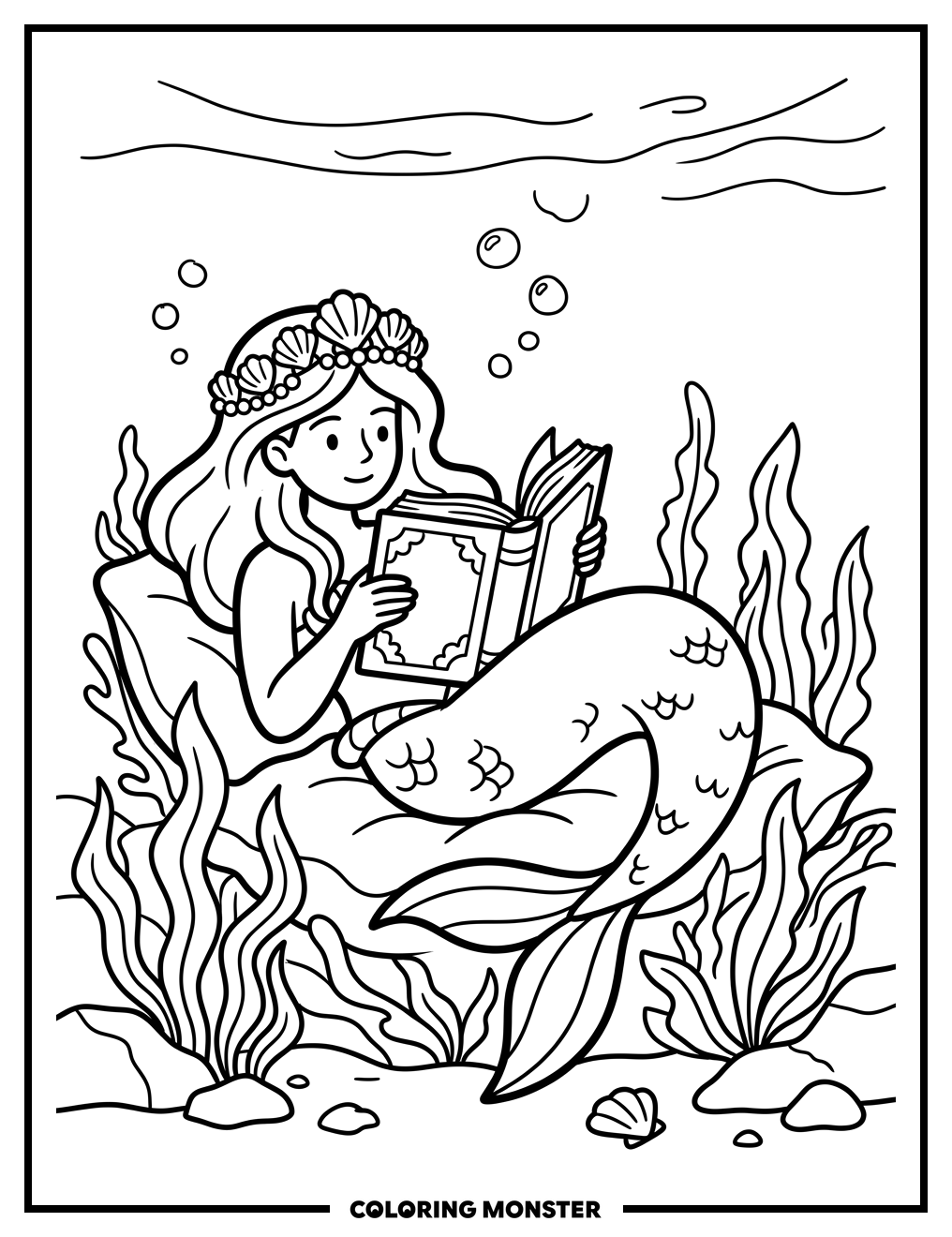 Mermaid Reading Underwater Coloring Page
