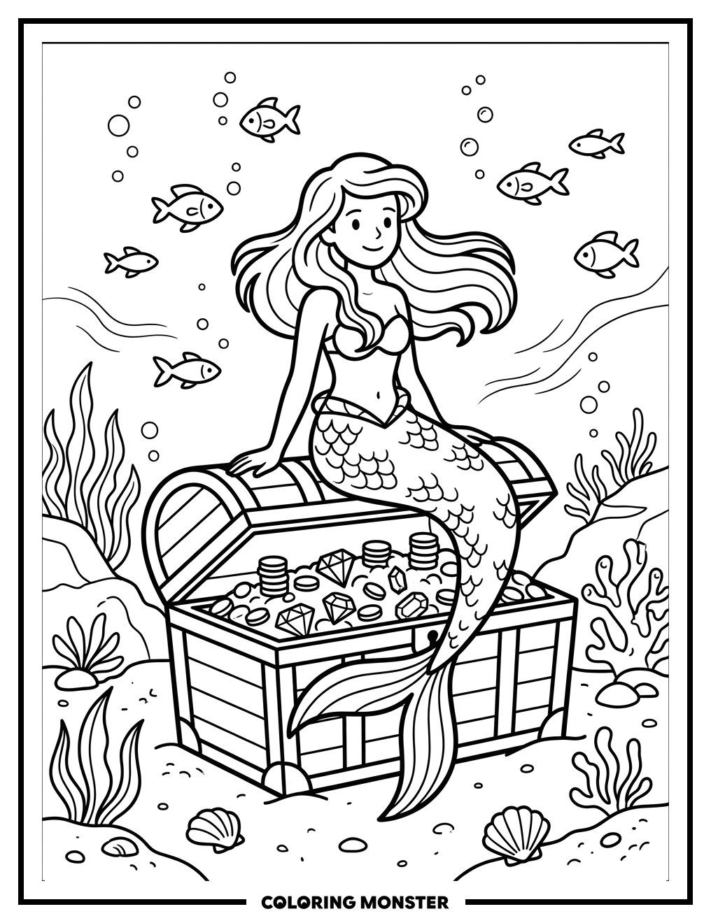 Mermaid Resting on Treasure Chest Coloring Page