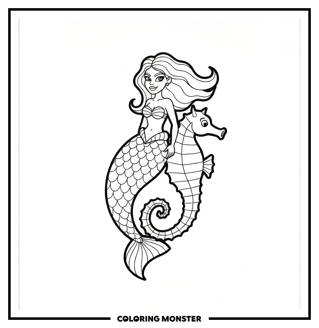 Mermaid Riding A Seahorse Coloring Page