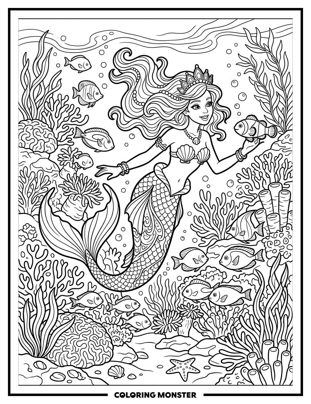 Mermaid Swimming In Coral Reef Coloring Page