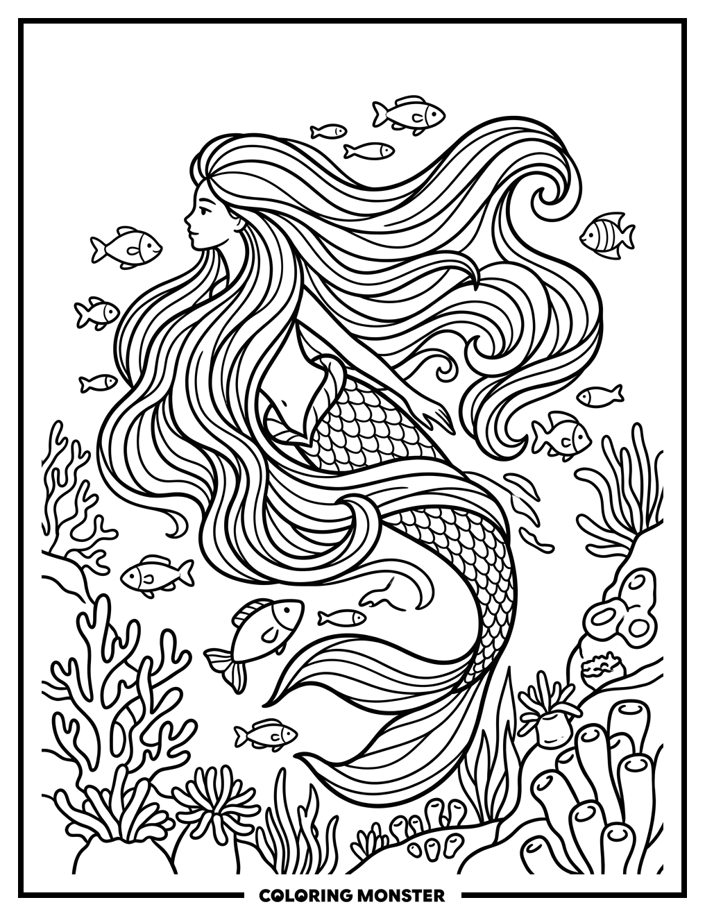 Mermaid Swimming in Coral Reef Coloring Page