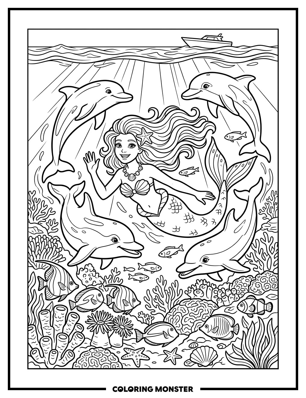 Mermaid Swimming With Dolphins Coloring Page