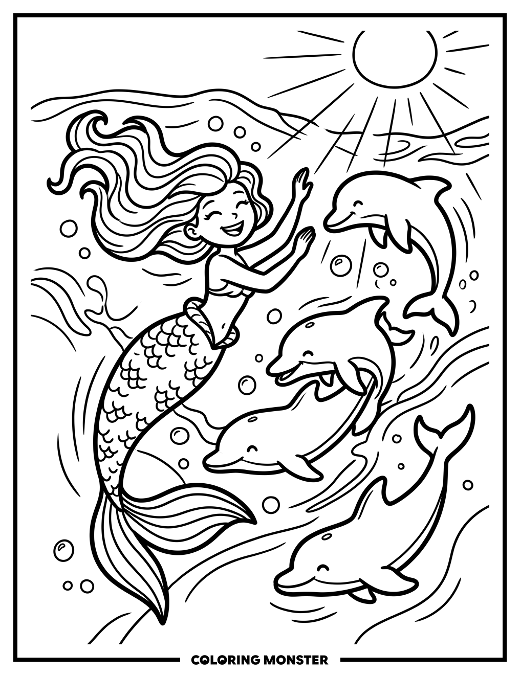 Mermaid Swimming With Dolphins Coloring Page