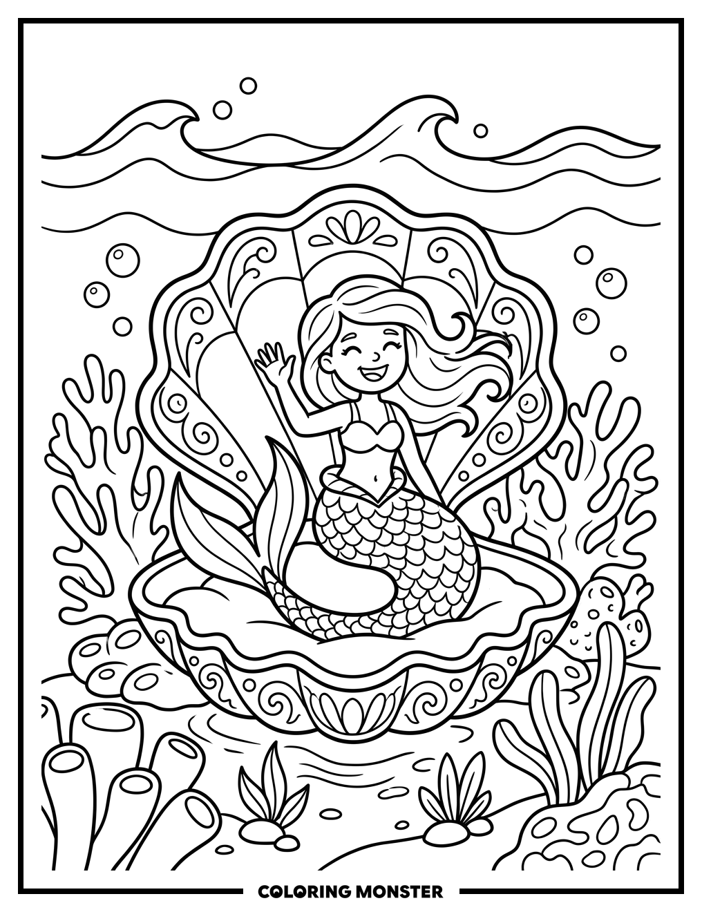 Mermaid Waving From Seashell Coloring Page