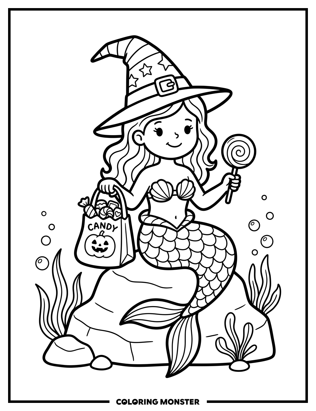 Mermaid Witch with Candy Coloring Page
