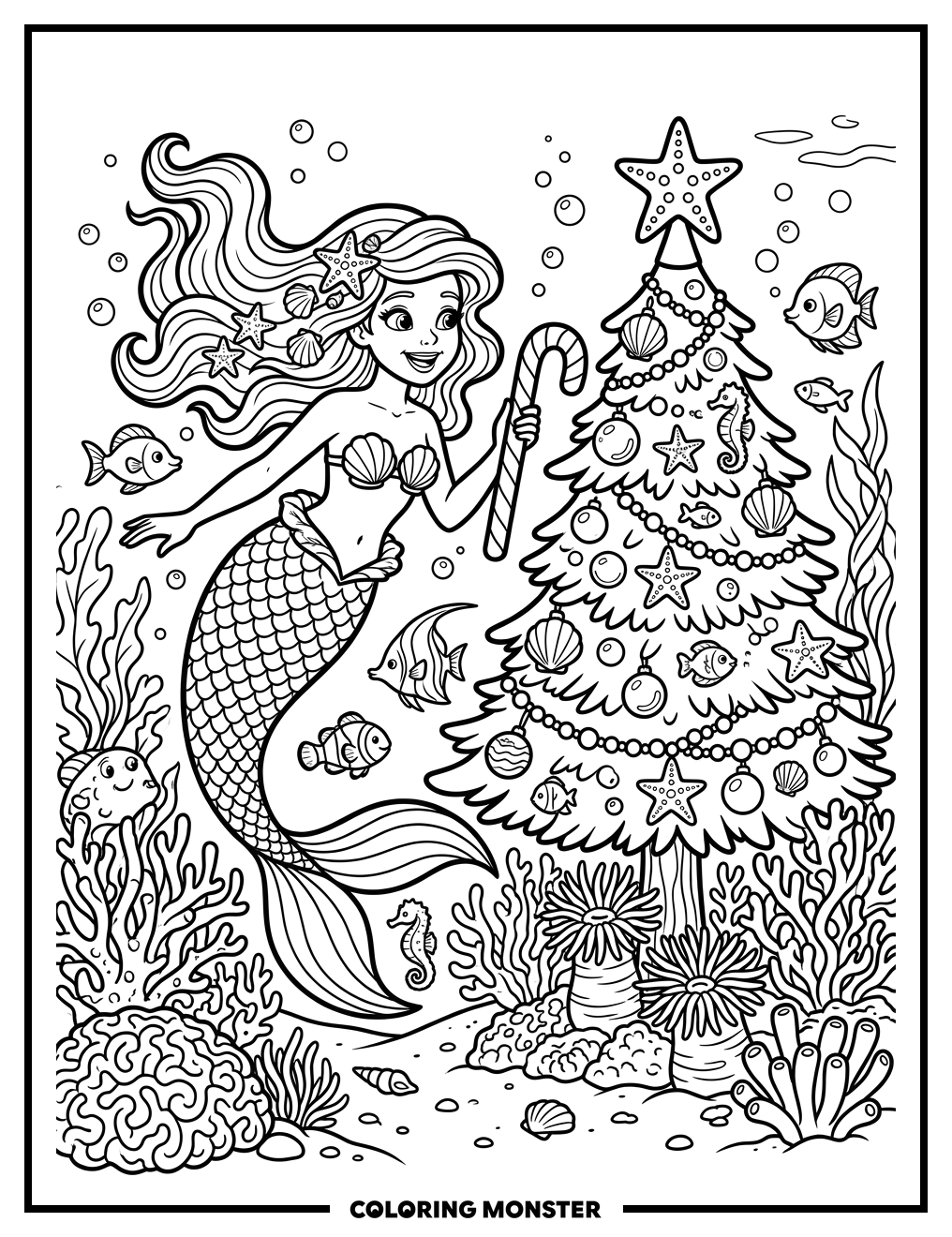 Mermaid With Candy Cane Near Ocean Christmas Tree Coloring Page
