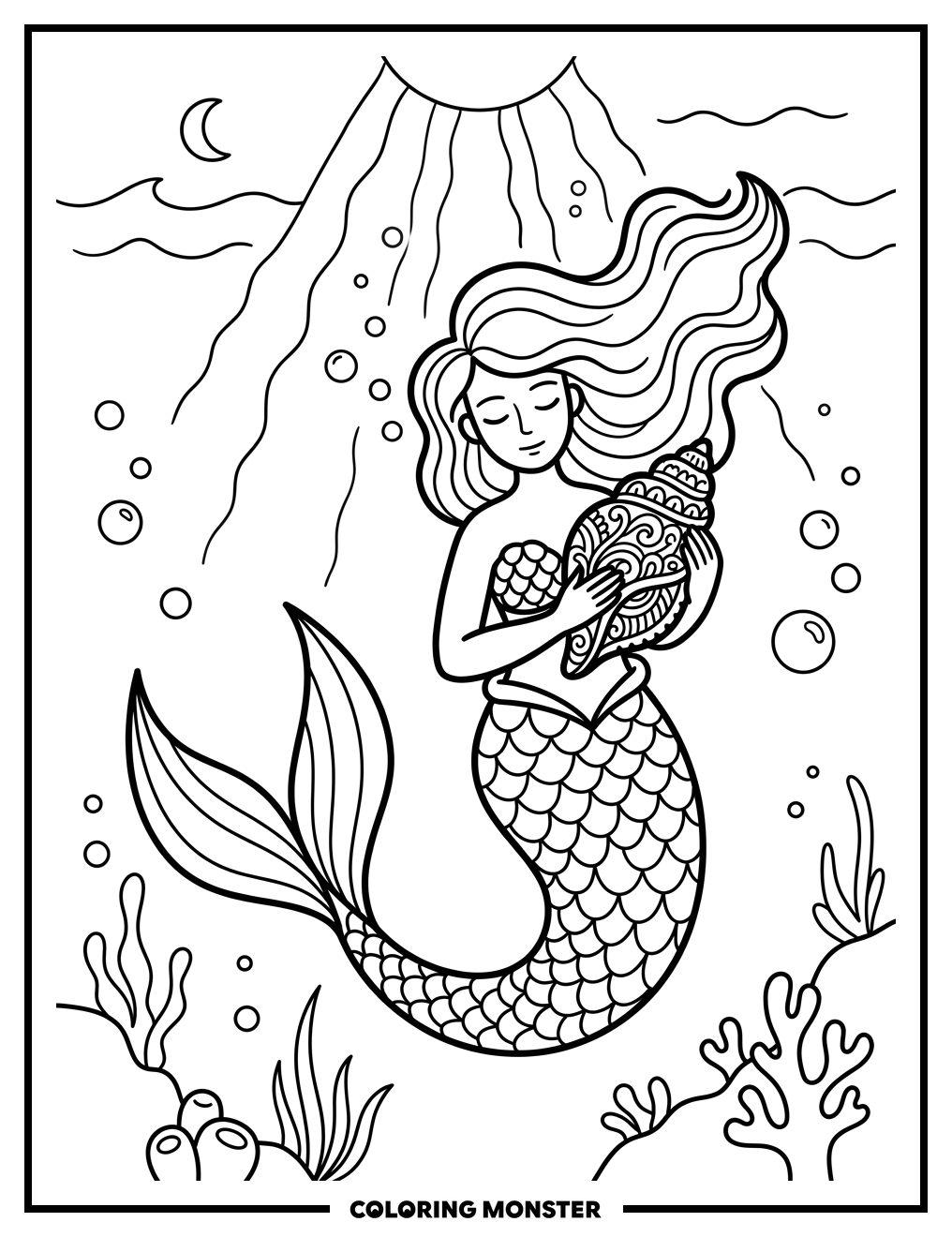 Mermaid with Ornate Seashell Coloring Page