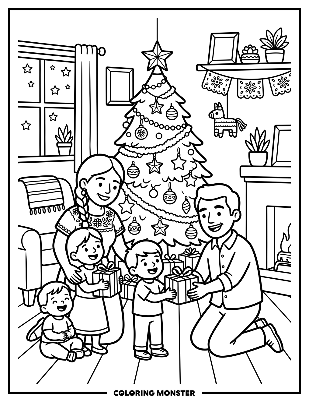Mexican Family Christmas Celebration Coloring Page