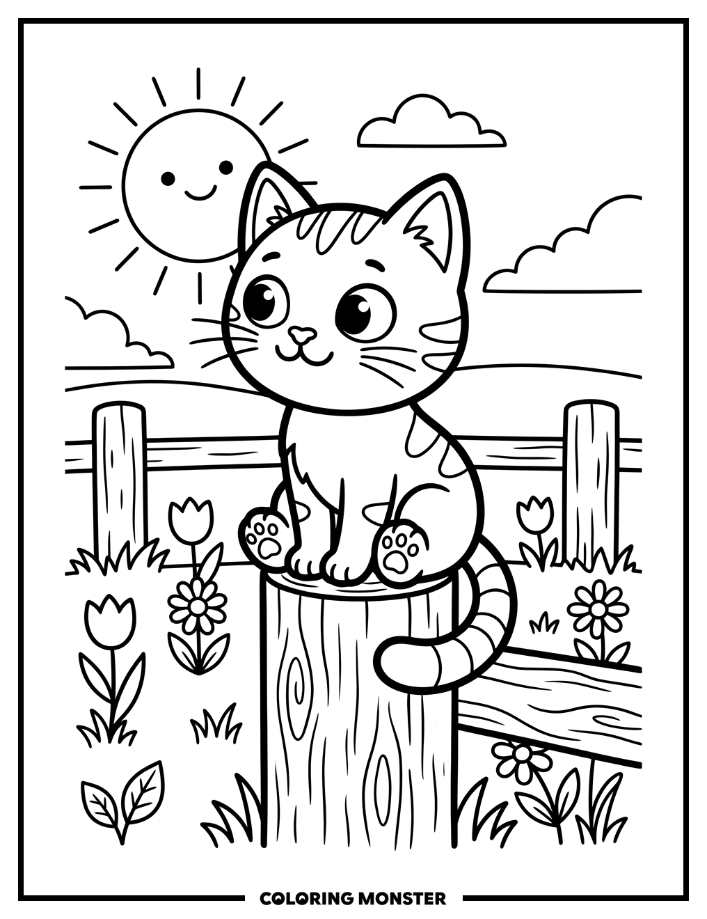 Mia The Cat On A Fence Post Coloring Page