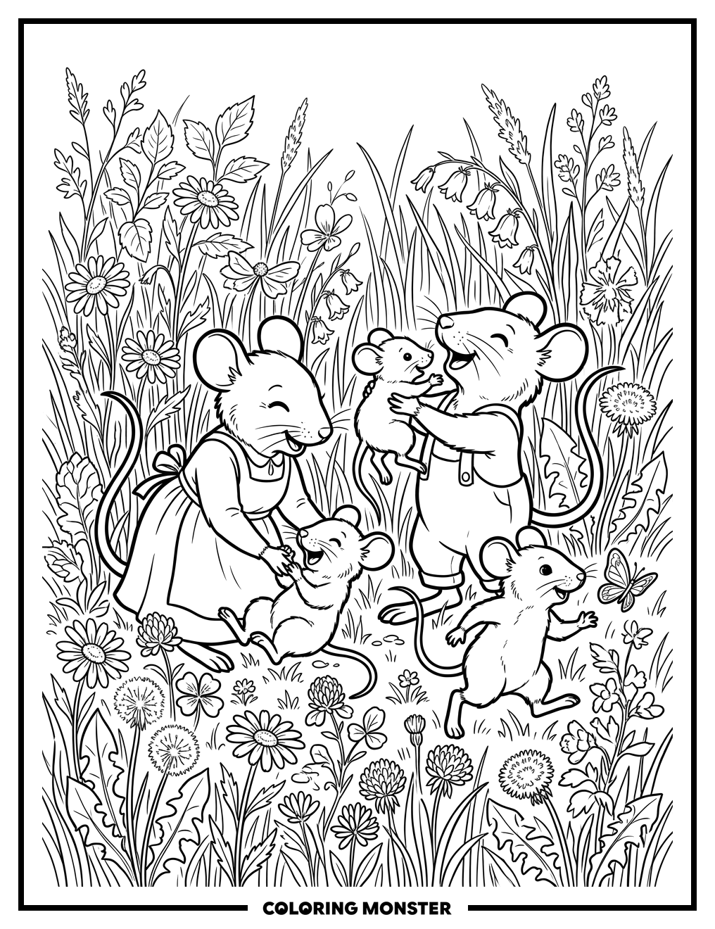 Mice Family in Sunny Meadow Coloring Page