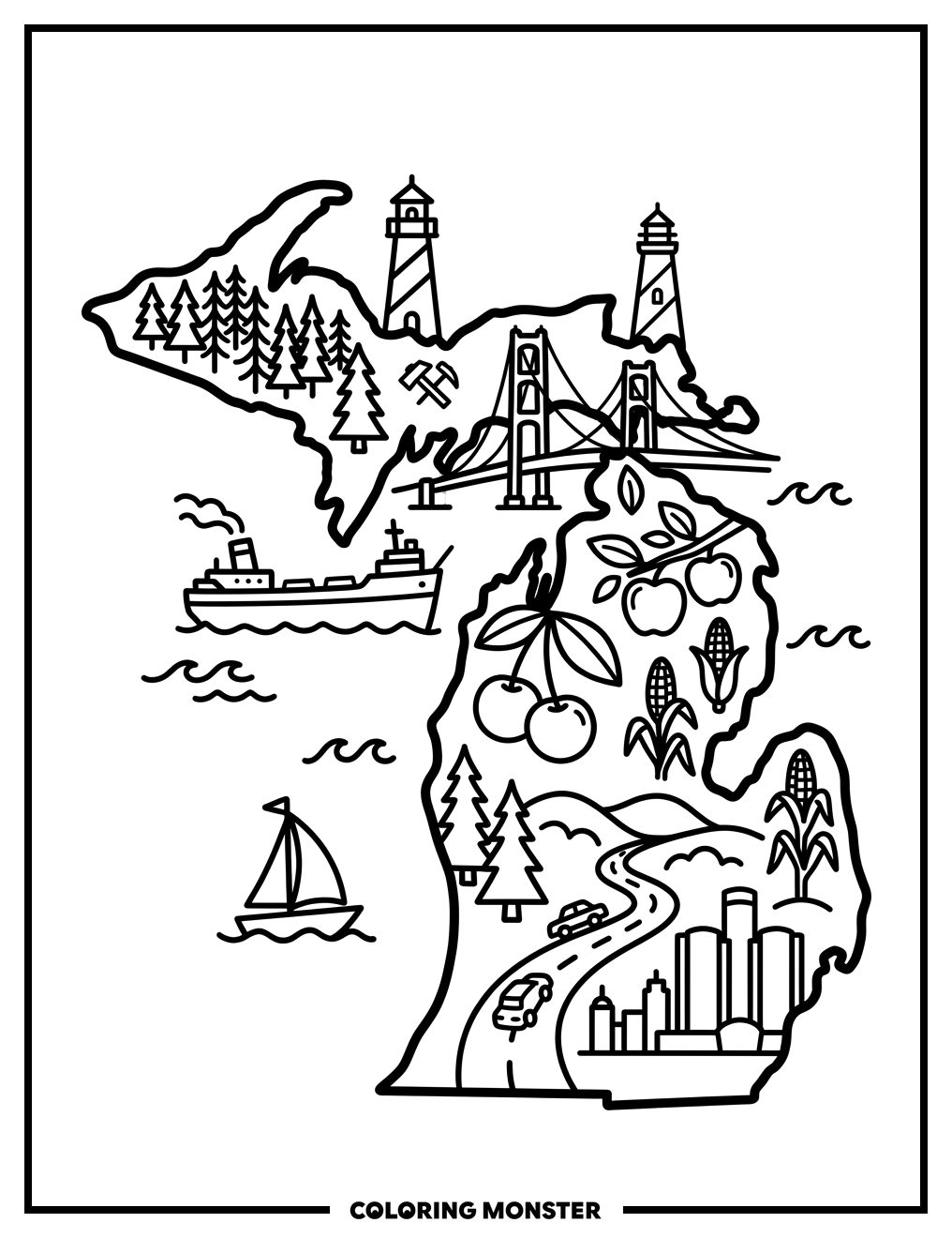 Michigan State Landmarks Outline Coloring Page
