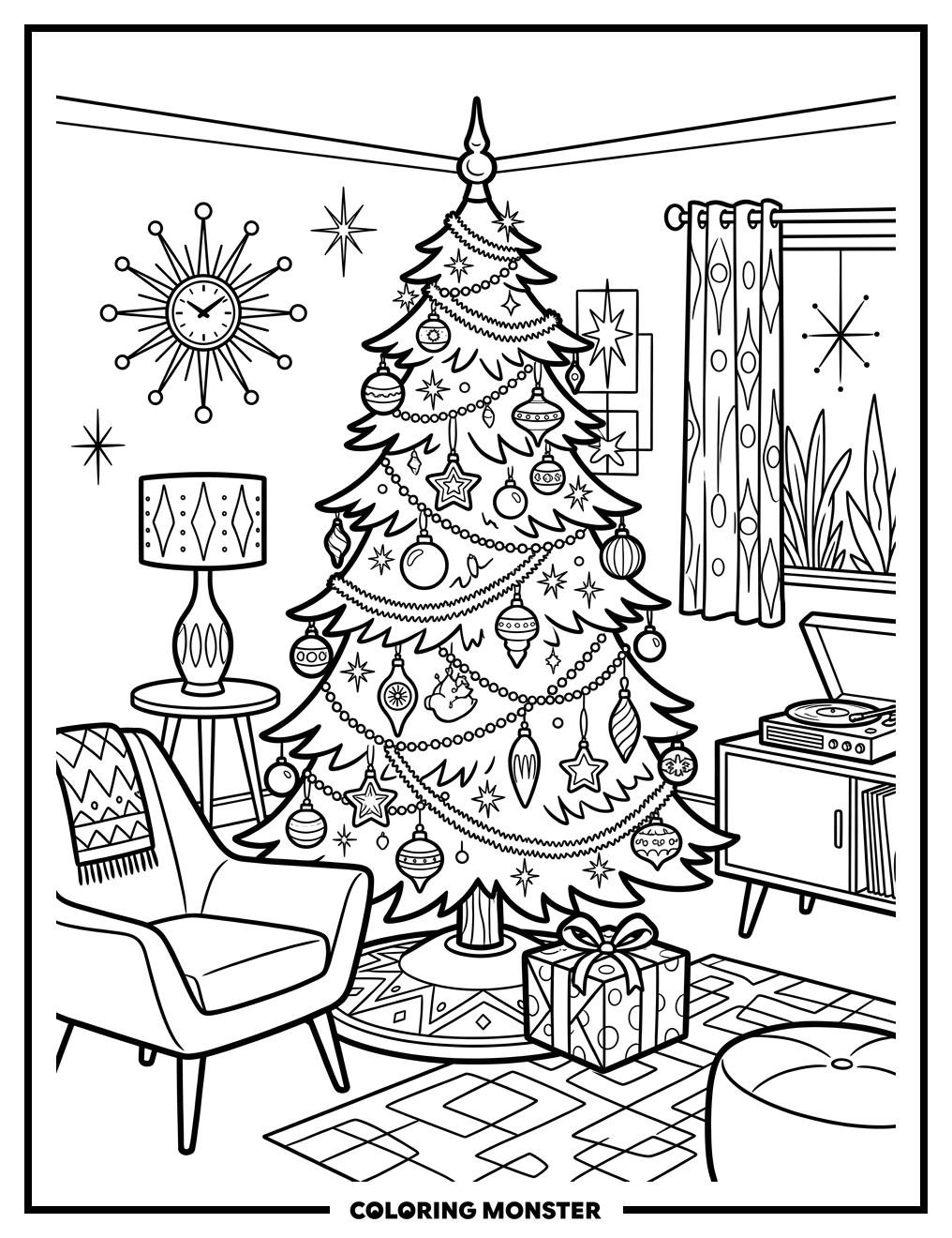 Mid-Century Christmas Tree with Gifts Coloring Page