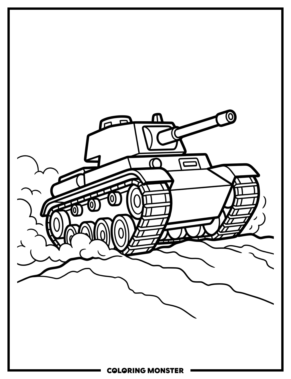 Military Tank Driving Through Dust Coloring Page