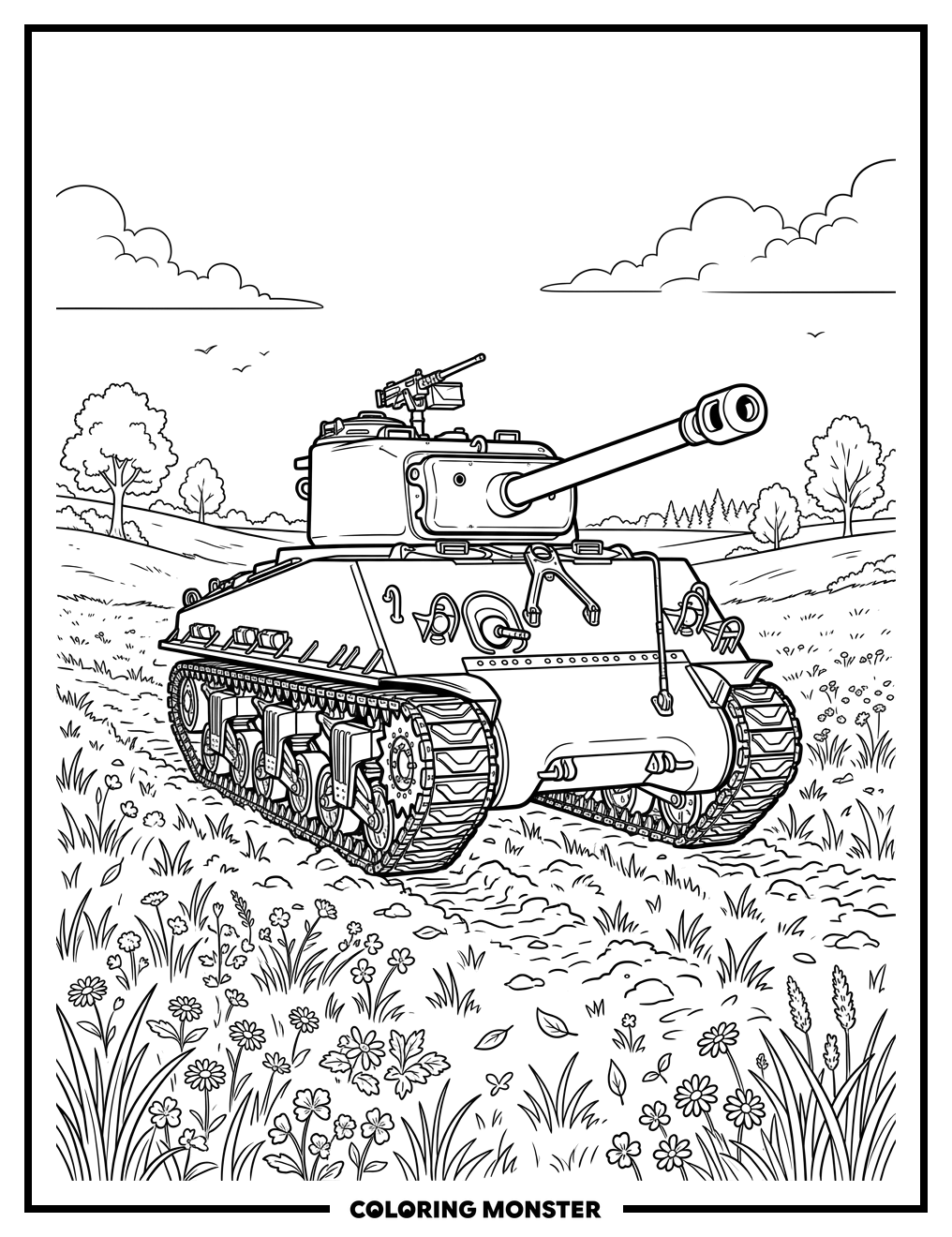 Military Tank in Grassy Field Coloring Page