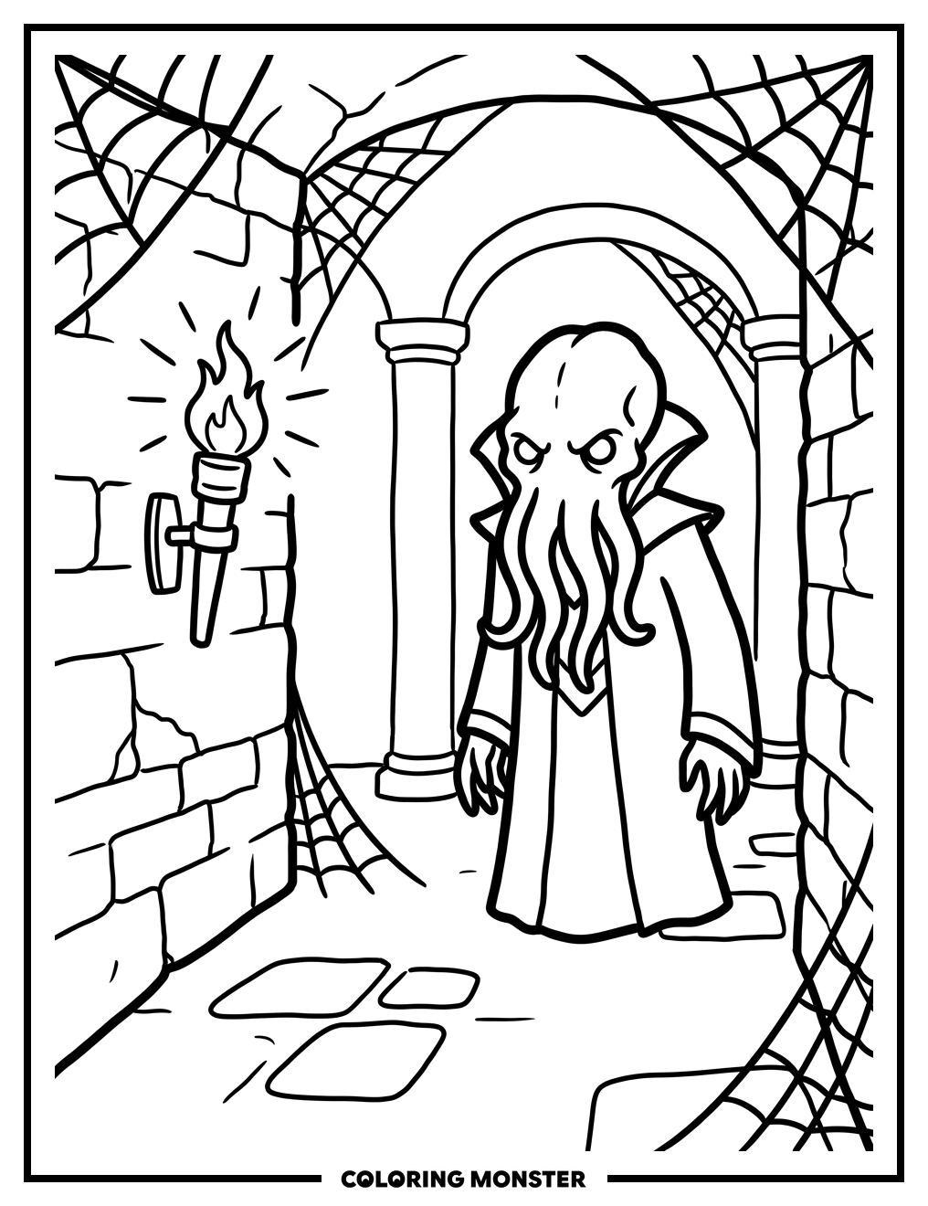 Mind Flayer in Dungeon Corridor Coloring Page