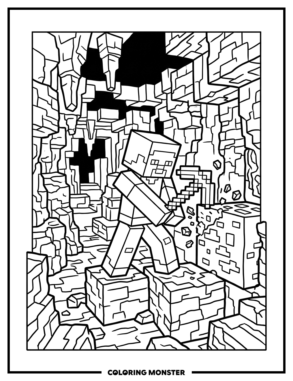 Minecraft Miner Striking Ore Coloring Page