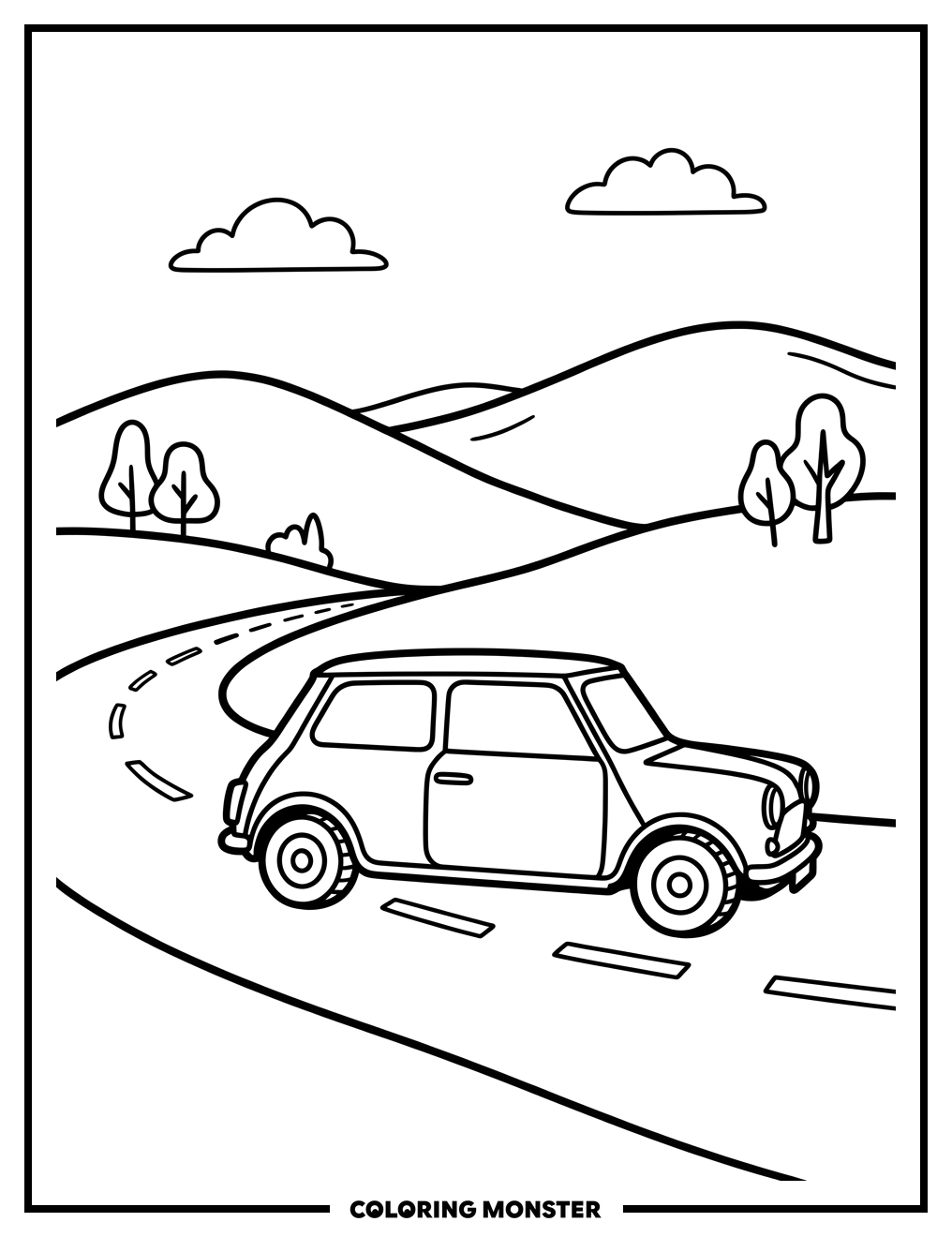 Mini Cooper On A Rolling Hill Road Coloring Page