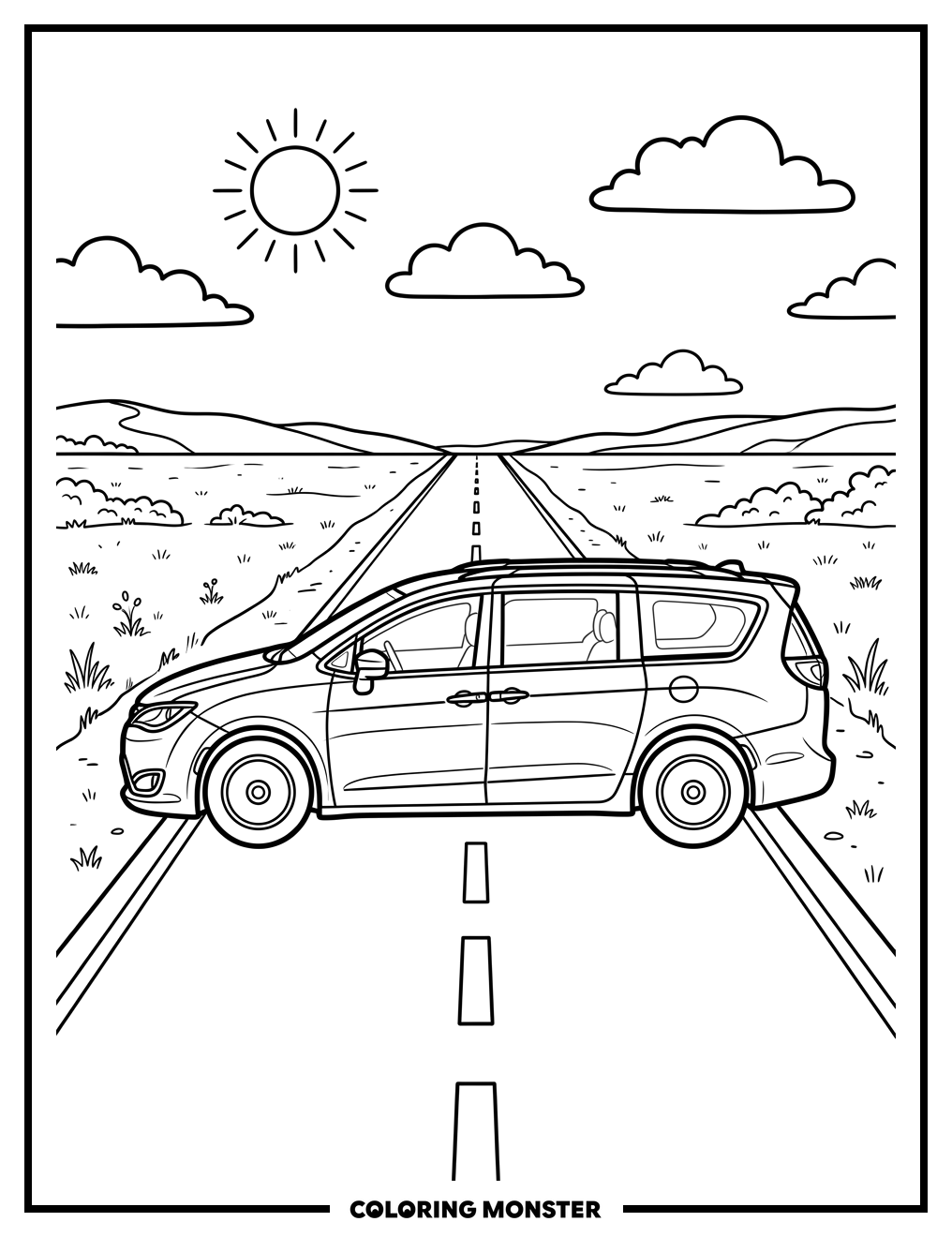 Minivan Driving on a Sunny Road Coloring Page
