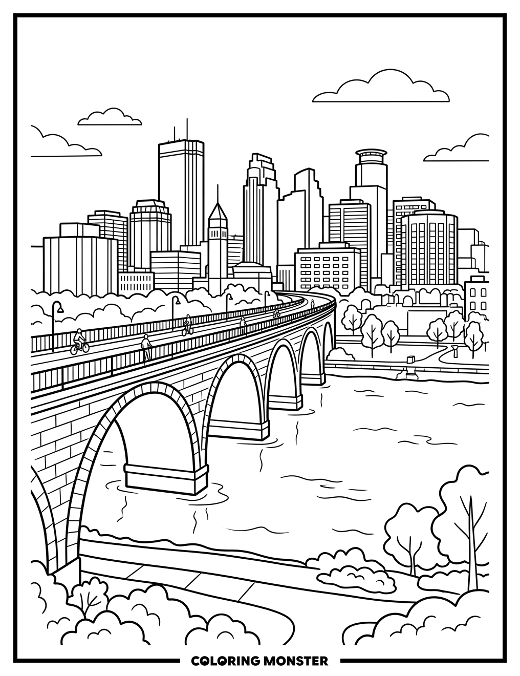 Minneapolis Skyline and Stone Arch Bridge Coloring Page