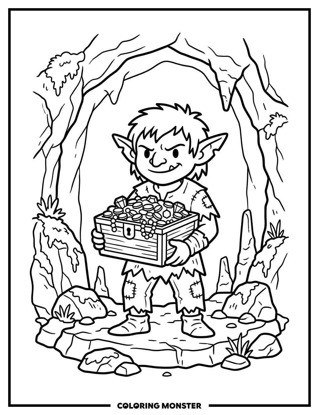 Mischievous Bobgoblin with Treasure Chest Coloring Page
