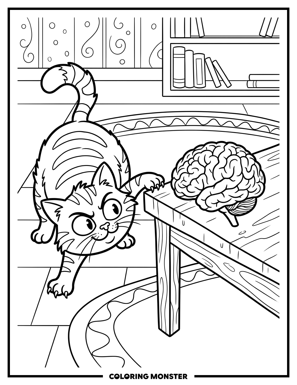Mischievous Cat and Brain Coloring Page