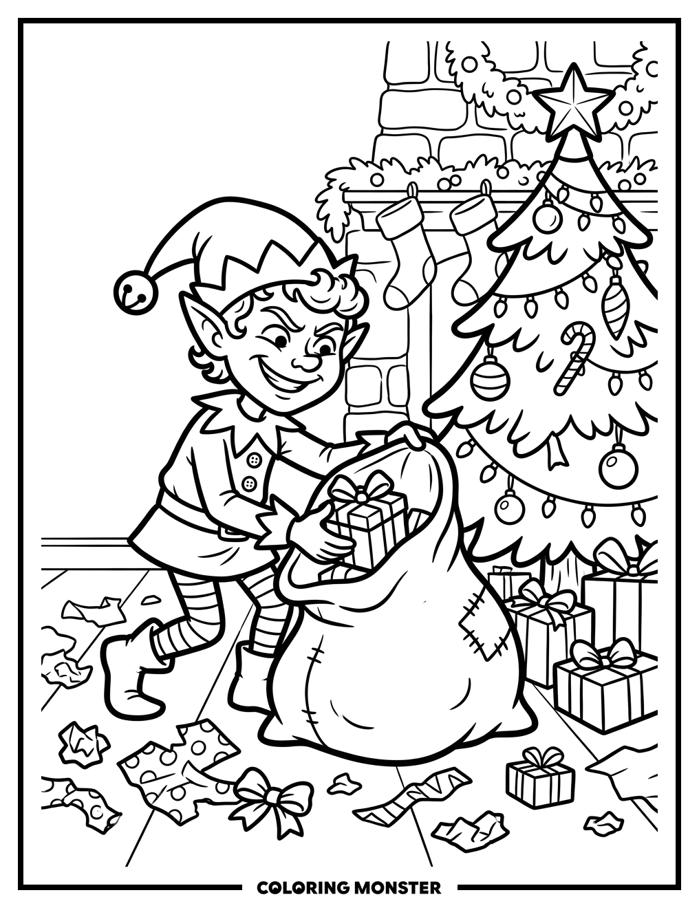 Mischievous Elf Packing Presents Coloring Page