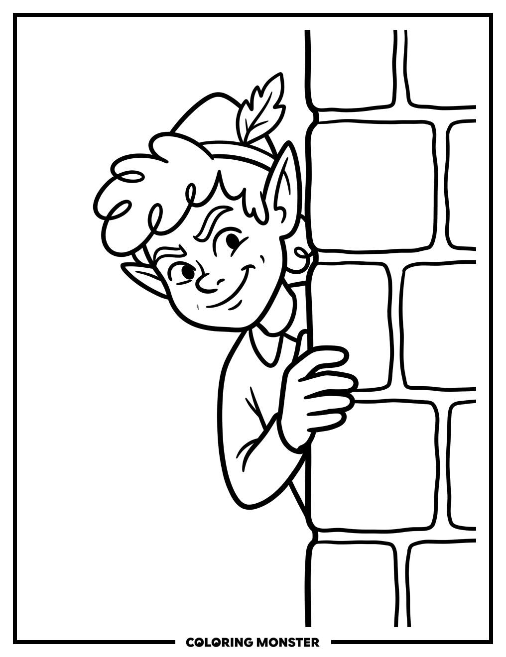 Mischievous Elf Peeking Around Wall Coloring Page