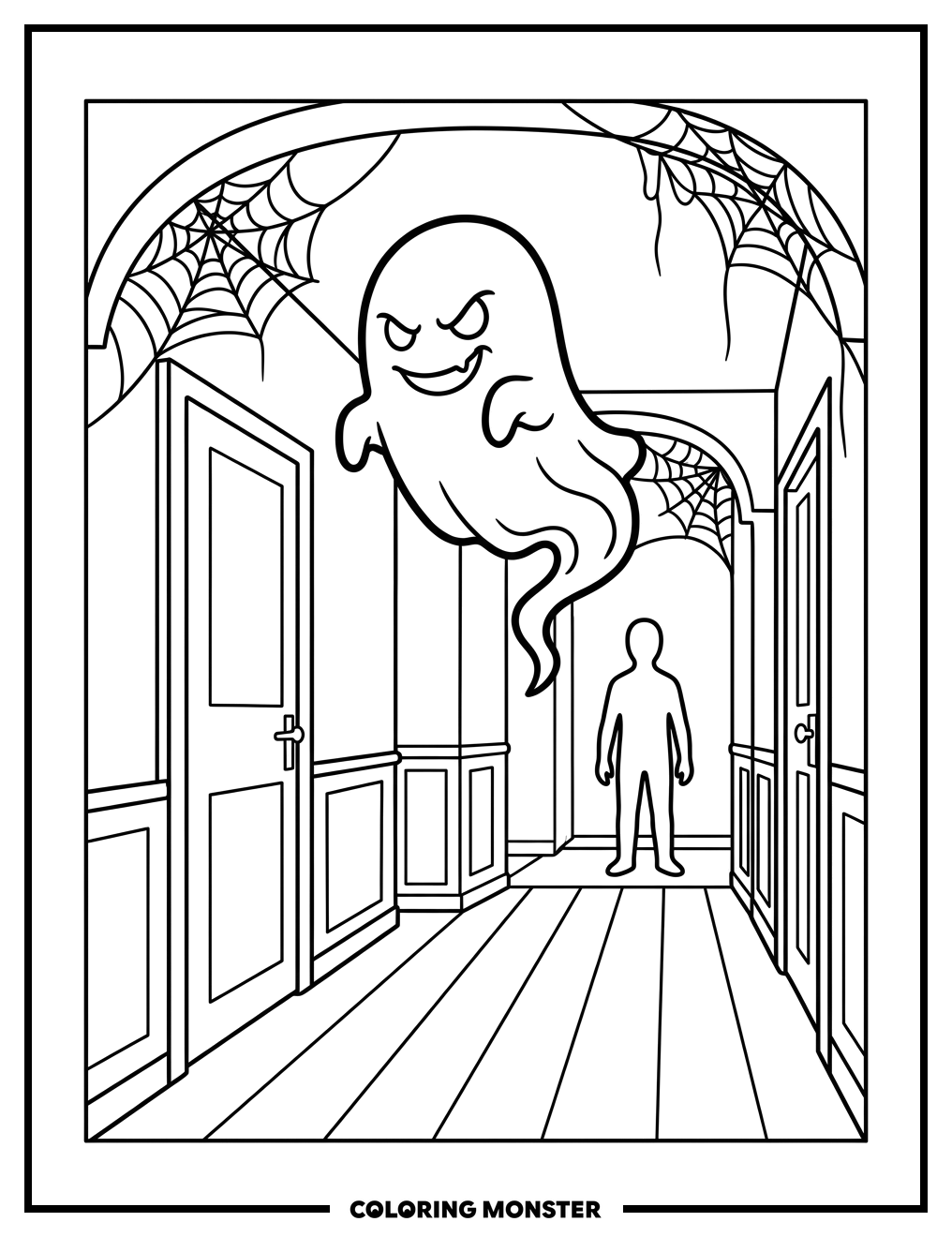 Mischievous Ghost in Haunted House Hallway Coloring Page