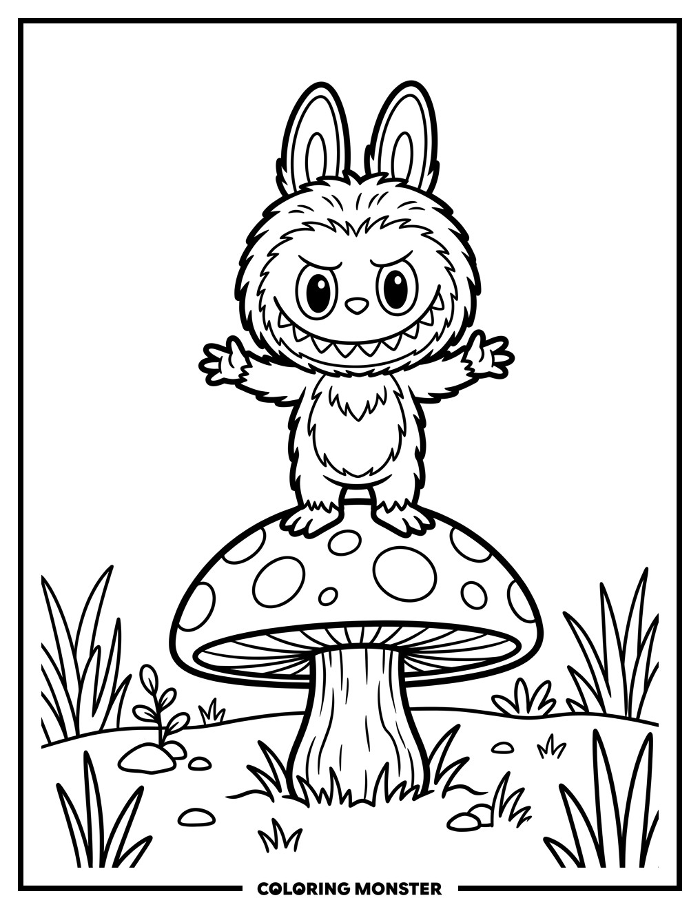 Mischievous Labubu on Mushroom Coloring Page