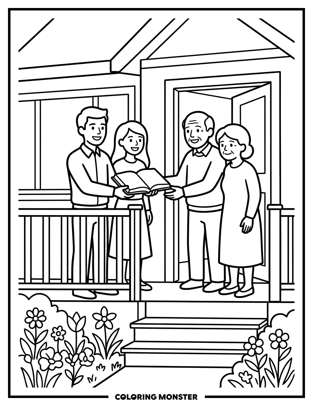 Missionaries Sharing a Book Coloring Page