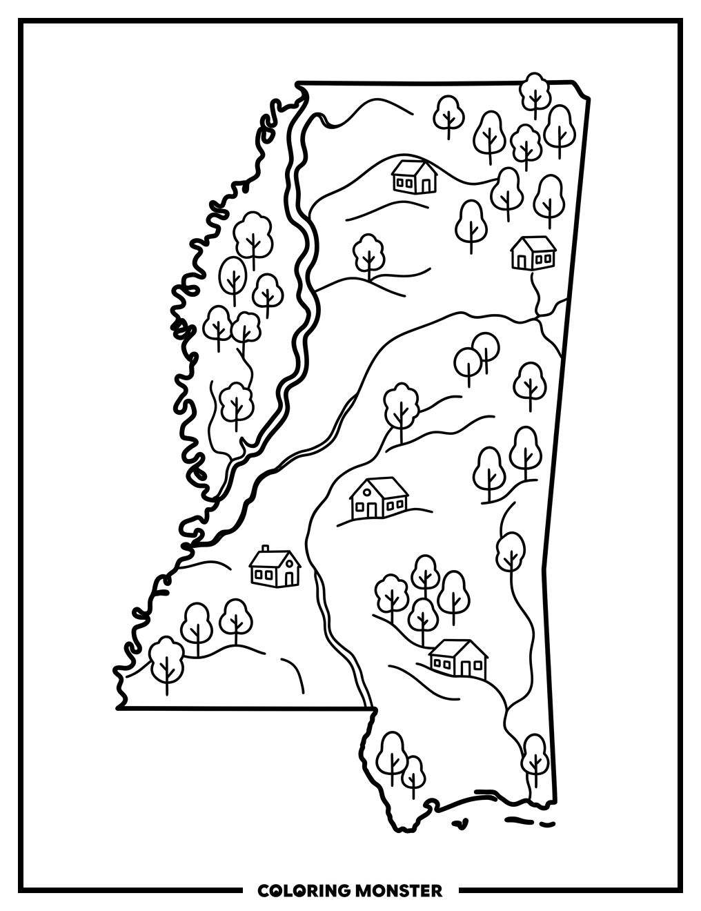Mississippi River and State Outline Coloring Page