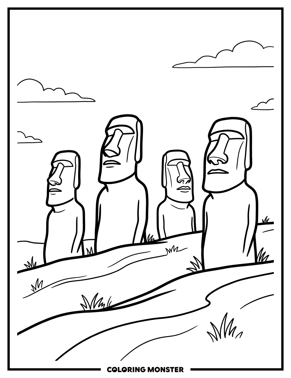 Moai Statues on Easter Island Coloring Page