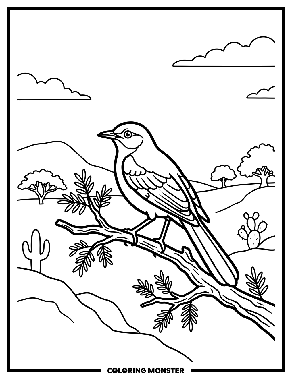 Mockingbird on Mesquite Branch Coloring Page
