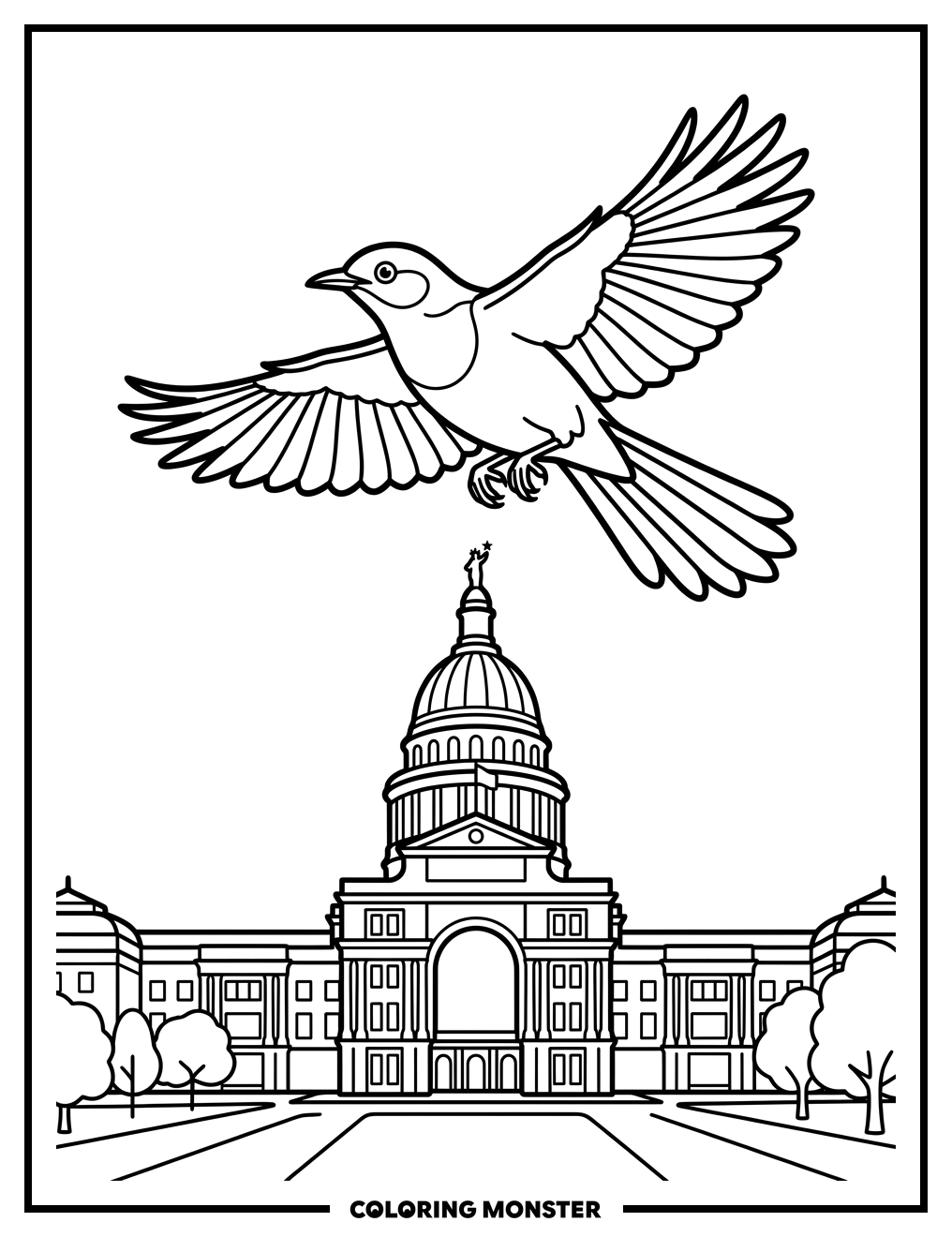 Mockingbird Over Texas Capitol Coloring Page